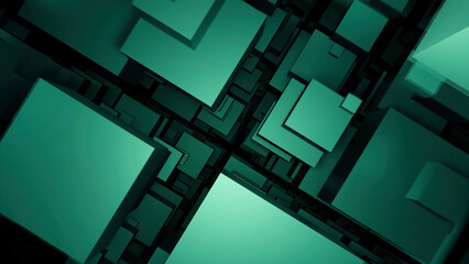 Abstract flying 3D turquoise cubes. Design. Green boxes big and small, construction background.
