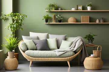 A rattan sofa with light green cushions, a wicker basket, and big plants stands against a green wall with a shelf, contributing to the Scandinavian interior design of the modern living room