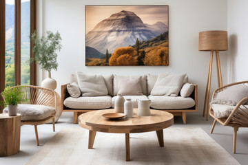 Round wooden coffee table near beige sofas against white wall with posters. Scandinavian style home interior design of living room