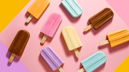 Pattern is made of colourful ice cream bars, ice
lolly, popsicle on pastel pink color
background....