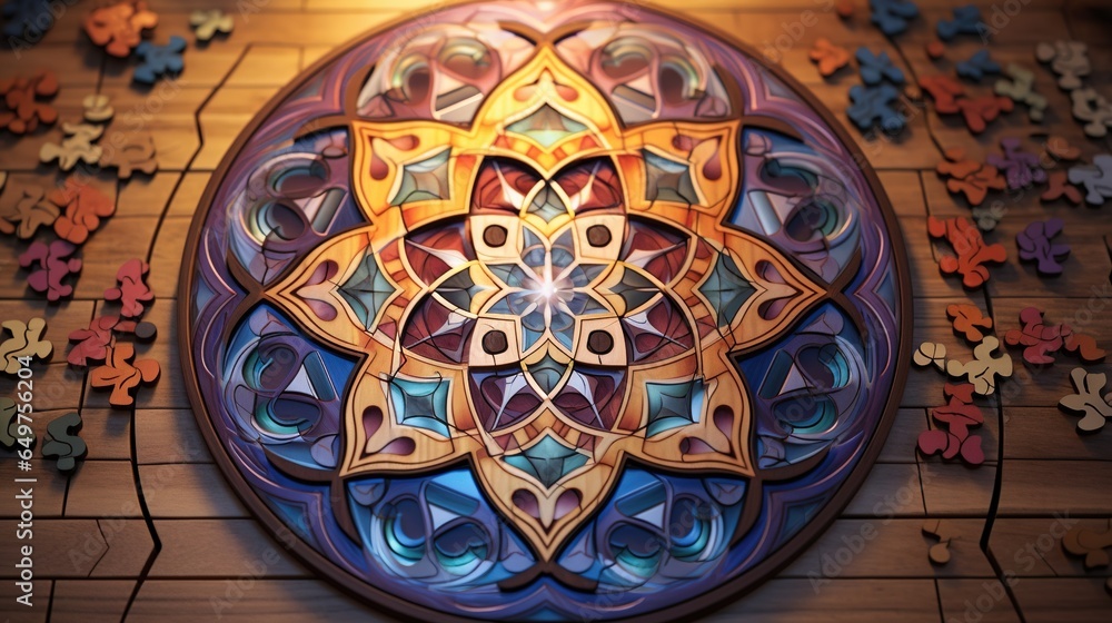 Poster a colorful circular artwork on a wooden floor with a light shining on it. generative ai