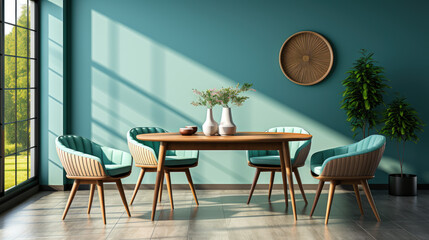 A round wooden dining table and barrel chairs against a window and blue wall. It's either a Scandinavian or mid-century interior design for a living room