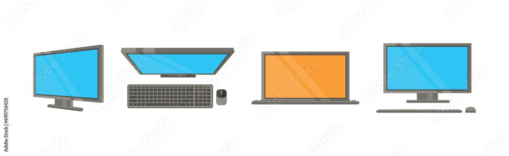 Poster laptop and desktop computer device with blue and orange screen vector set