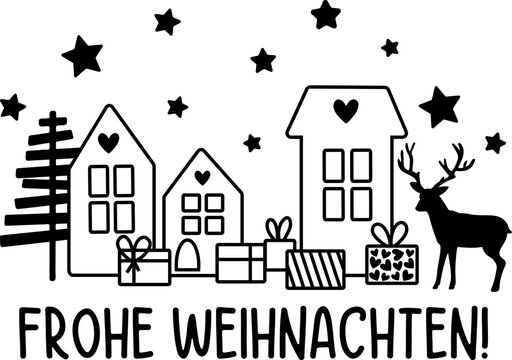 Frohe Weihnachten vector illustration, Xmas decor, Silhouettes of houses and gifts, Advent calendar design, Winter home decor plotter lazer file, Coloring page for kids