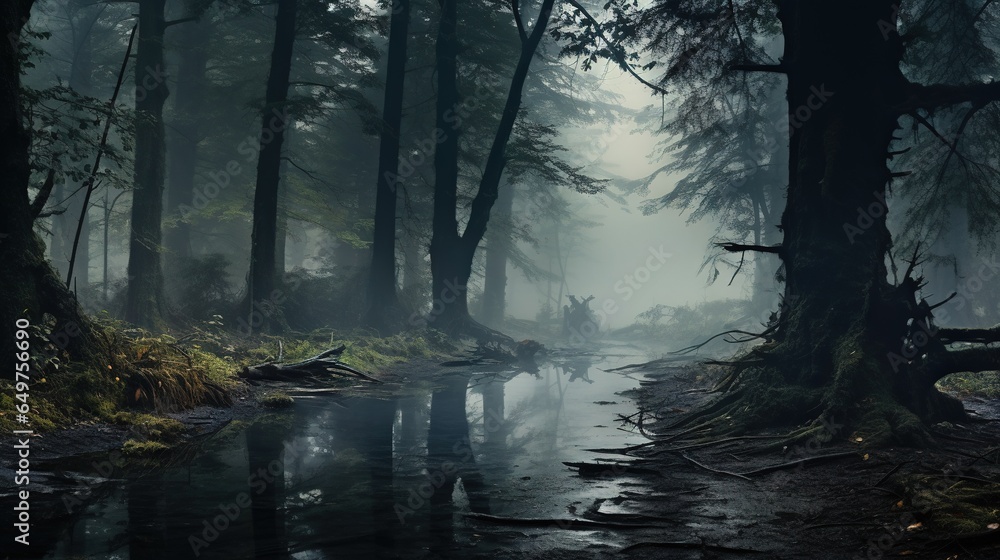 Poster  a stream running through a forest filled with lots of trees.  generative ai