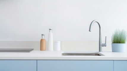 Fragment of a modern minimalist kitchen. Light blue facades, white countertop with built-in sink, chrome faucet, kitchen utensils, plant in a pot. Close-up. Contemporary interior design. 3D rendering.