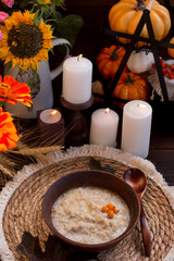 Autumn romantic evening, healthy healthy dinner with herculean porridge