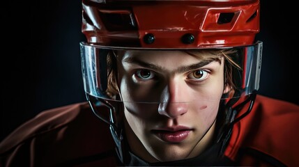 Portrait of a young hockey player with a helmet