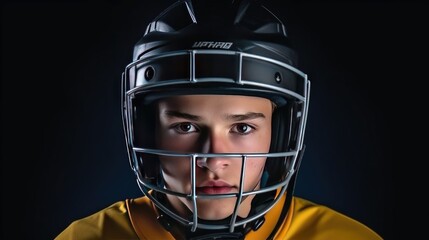 Portrait of a young hockey player with a helmet