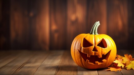 Halloween one little pumpkin at wood background. Carved scary faces of pumpkin. October holiday