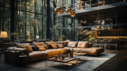 Modern nordic living room with leather sofa and forest view - obrazy, fototapety, plakaty