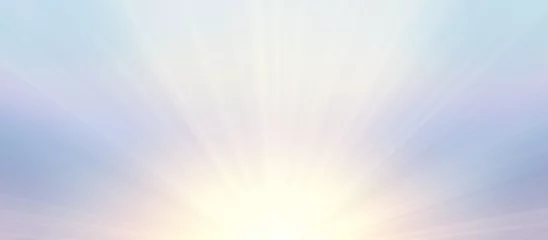 Fotobehang Beams of sunrise on light blue sky background. Morning sunshine banner. © avextra