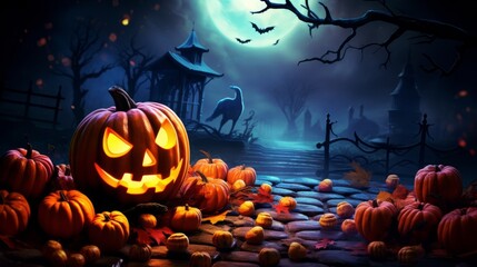 Halloween Pumpkin and candy In A Mystic Night with moon background and candy