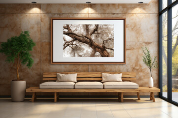 Modern Living Room with Tree Photo and Wooden Bench