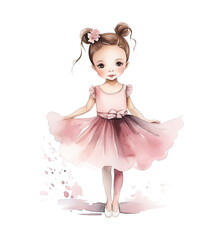 Cute dancing little girl ballerina isolated on white background. Watercolor illustration. - obrazy, fototapety, plakaty