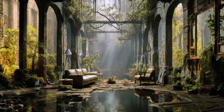 Abandoned building with broken windows and overgrown vegetation