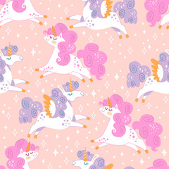 Seamless pattern unicorns blue pink main vector illustration