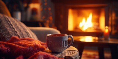 A mug of hot tea stands on a chair with a woollen blanket in a cozy living room with a fireplace. Cozy winter day