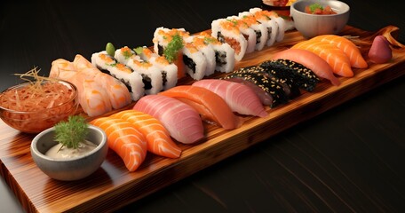 sushi and sashimi on a wooden platter