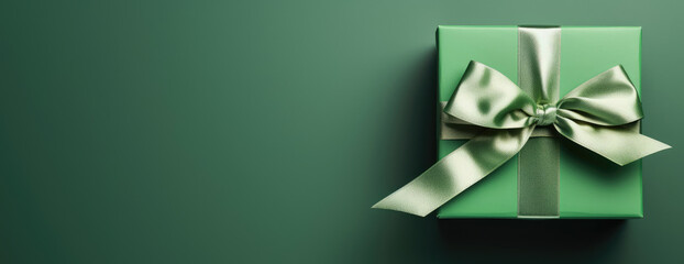 Banner with green gift box with ribbon isolated on green satin background with copy space