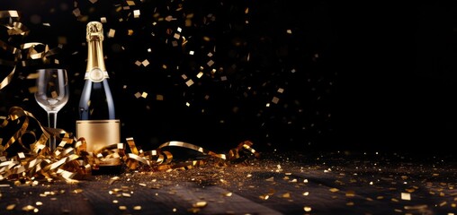 Celebration background with golden champagne bottle, confetti stars and party streamers. Christmas, birthday or wedding concept, dark background