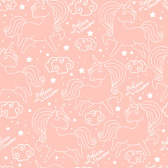 Fototapeta premium Seamless pattern white contour unicorns vector illustration
