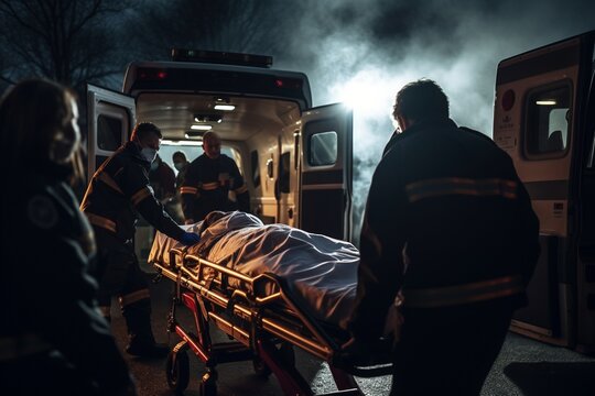 group of paramedics deal with an emergency