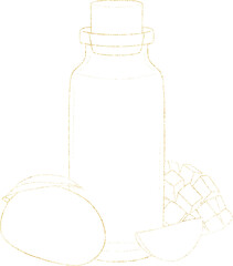 Gold Shining Paint Stain Hand Drawn Illustration brush stroke paint ornament decorate. Glass bottle with sweet  fruits and foliage