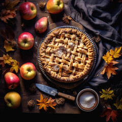 A Homemade apple pies on rustic background and apples, classic dessert for Thanksgiving, top view, generative ai 