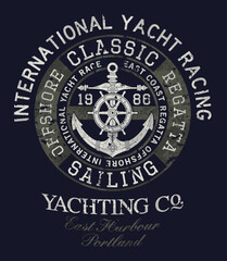 Offshore yacht racing sailing regatta vintage vector print for boy man shirt sweatshirt grunge effect in separate layers