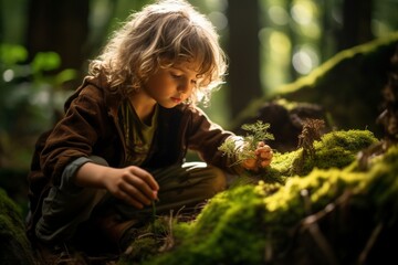 young child exploring and having fun in nature - obrazy, fototapety, plakaty