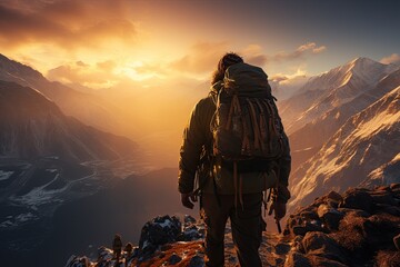 Two determined mountaineers standing at their well-prepared base camp, surrounded by rugged and challenging terrain,Generated with AI