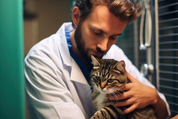 vet examining and looking after a cat