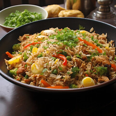 gebratener Reis, mit fleisch, stir fried, Restaurant, lecker, heiss, Schüssel, asiatische Küche