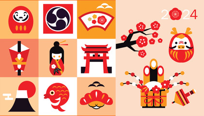 Happy Chinese, Japanese  New Year 2024,  Zodiac sign, lucky charms, clay bell, year of the  Dragon Japanesee translation: Happy New Year, Dragon  Vector illustration