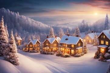 Picturesque Winter Landscape for Christmas Holiday Greeting Card - 3D Illustration