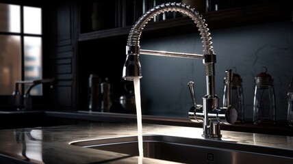 Close-up of kitchen countertop with built-in sink, metallic faucet with running water on the foreground. Selective focus, blurred background. Contemporary interior design. 3D rendering.