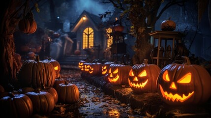 Naklejka na ściany i meble Scary halloween decorations outdoors at night close up