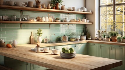 Interior of cozy vintage kitchen provence style. Wooden countertop, pistachio furniture and backsplash, houseplants, crockery on the shelves, large window. Contemporary home design. 3D rendering.
