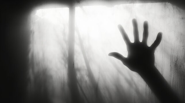 Shadow hands of the woman behind frosted glass. Blurry hand abstraction. Halloween background. Black and white picture