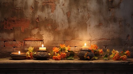 Still life candle light on old wall