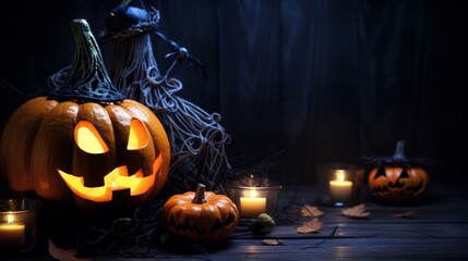 Symbol of Halloween. Jack-o-lantern on a dark background. Halloween card. Lamp in decorations. Background