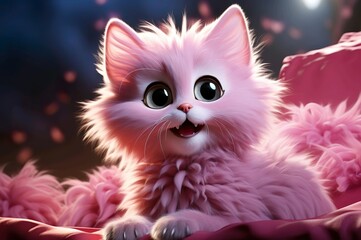 A pink cat illustration 3d with Black background