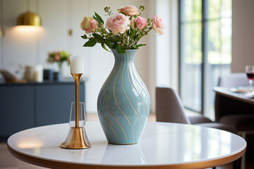 Ceramic with beautiful flowers on table in modern kitchen. Interior design - obrazy, fototapety, plakaty