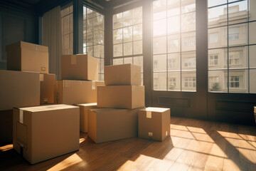 Ready for a New Beginning: Stacks of Boxes Awaiting Transition on a Sunlit Moving Day, Illustrating the Excitement of Home Relocation & Real Estate..