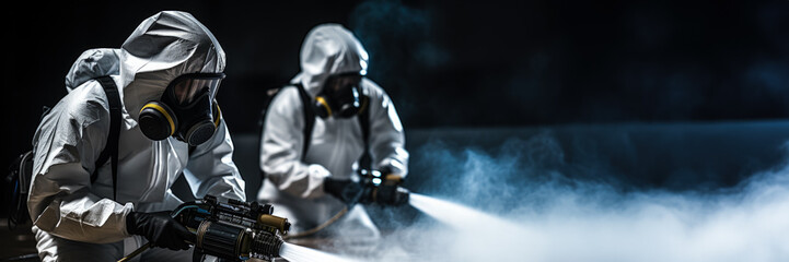 Urban sanitation workers spraying disinfectant isolated on a white background  - obrazy, fototapety, plakaty