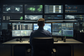 Technical Controller at His Hub: Multi-Display Setup Revealing Diverse System Data in a State-of-the-Art Control Center.