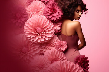 In a Pink Bloom: Woman Glancing Over Shoulder Amidst Giant Pink Flowers Ideal for Captivating Floral Fashion Editorials and Enchanting Wall Art. Fashion art, Modeling for magazine