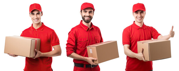 Happy delivery men with parcels, cut out - obrazy, fototapety, plakaty