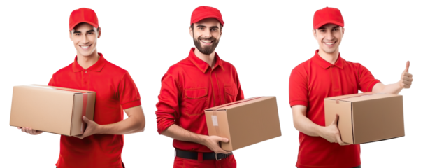 Happy delivery men with parcels, cut out